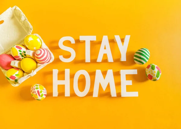 Stay Home Easter Holiday Lettering Inscription Paint Eggs Family Circle — Stock Photo, Image