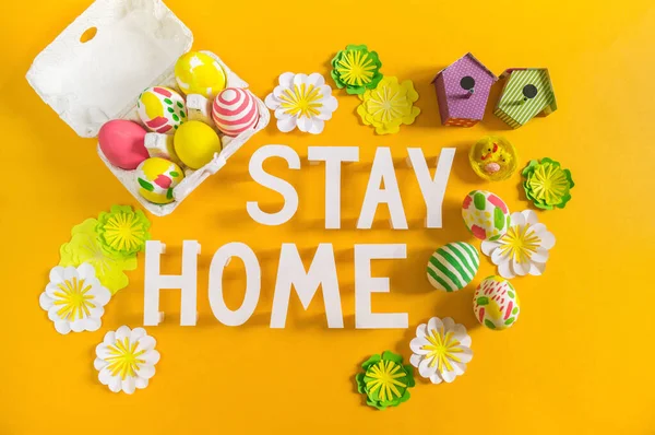 Stay Home Easter Holiday Lettering Inscription Paint Eggs Family Circle — Stock Photo, Image