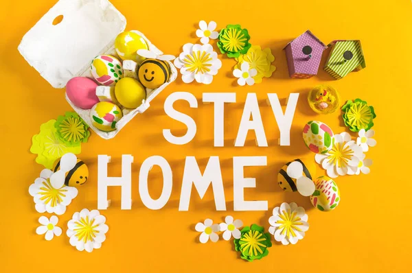 Stay Home Easter Holiday Lettering Inscription Paint Eggs Family Circle — Stock Photo, Image