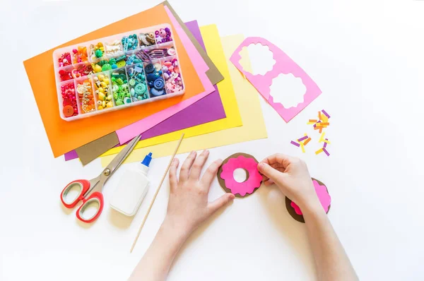 Donuts Made Paper Glasses Craft Creative Baby Hands — Stock Photo, Image