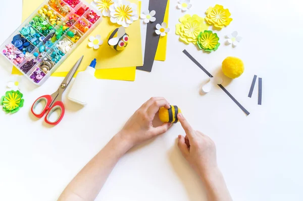 Little Bee Crafts Children Hands Creative Work Diy Soft Toy — Stock Photo, Image