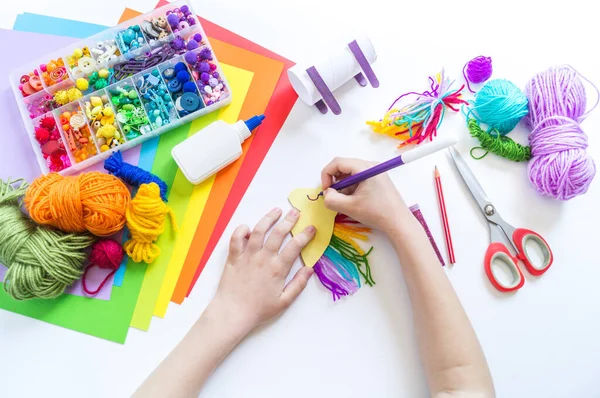 Unicorn Cardboard Paper Craft Children Hands How Entertain Child Kindergarten — Stock Photo, Image