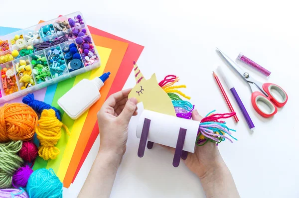 Unicorn Cardboard Paper Craft Children Hands How Entertain Child Kindergarten — Stock Photo, Image