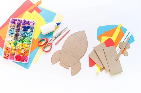 Rocket Craft Made Cardboard Paper Recycling Children Creativity Yourself Pencil — Stock Photo, Image