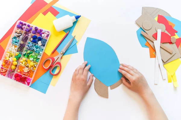 Rocket Craft Made Cardboard Paper Recycling Children Creativity Yourself Pencil — Stock Photo, Image