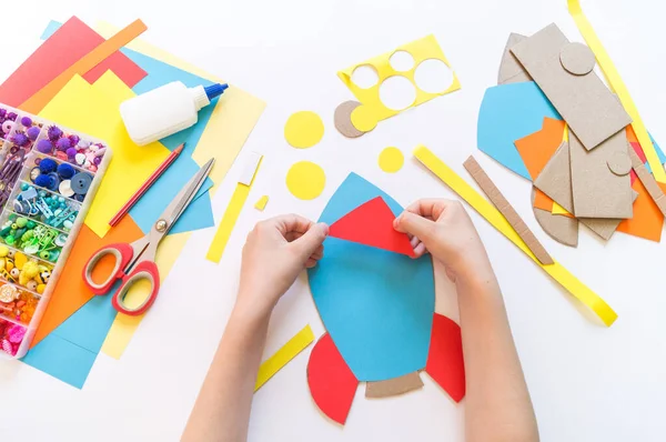 Rocket Craft Made Cardboard Paper Recycling Children Creativity Yourself Pencil — Stock Photo, Image