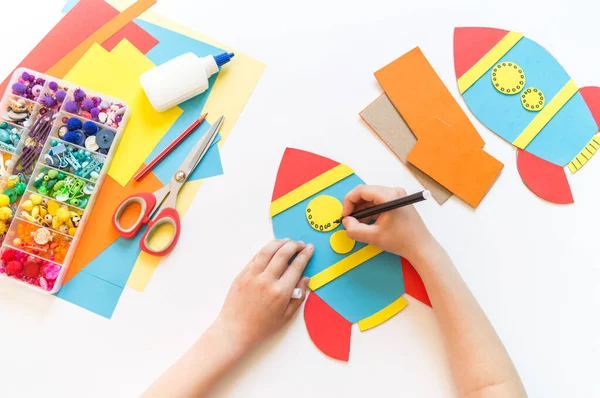 Rocket Craft Made Cardboard Paper Recycling Children Creativity Yourself Pencil — Stock Photo, Image