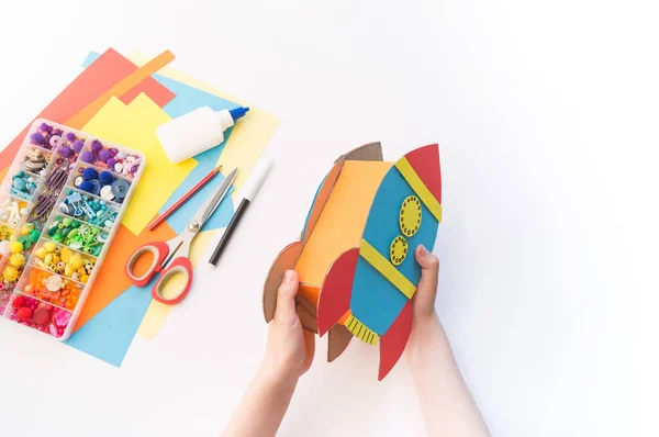 Rocket Craft Made Cardboard Paper Recycling Children Creativity Yourself Pencil — Stock Photo, Image