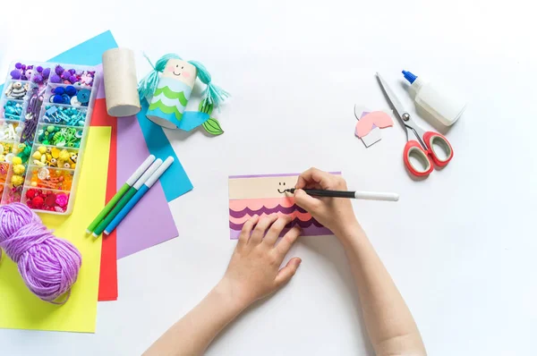 Sjöjungfruhantverk Papp Och Papper Barns Kreativitet Förskoleutbildning Och Skola — Stockfoto