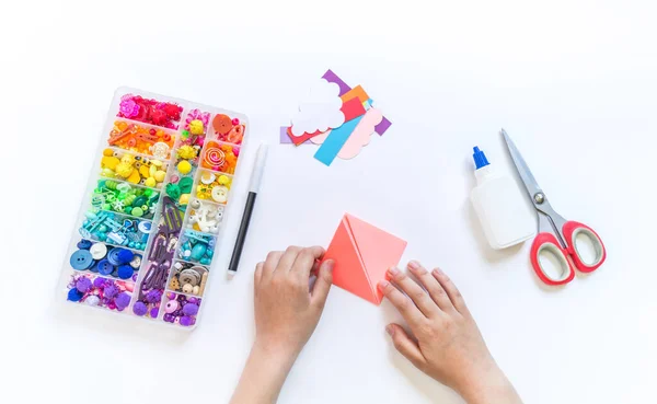Bookmark Child Book School Origami Paper Craft Children Hands Bright — Stock Photo, Image