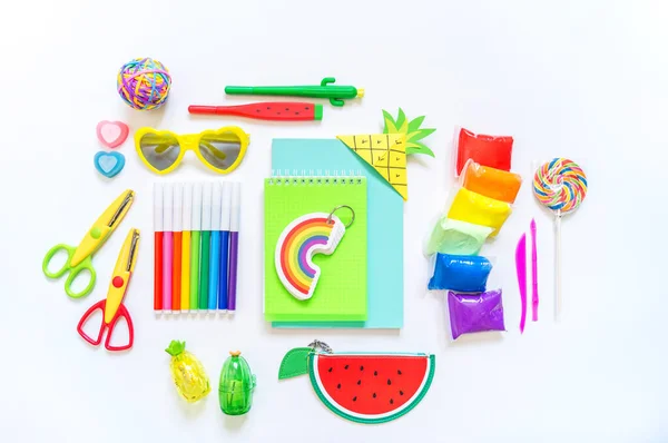 School Supplies Stylish Stationery Bright Rainbow Neon Hipster Flat Lay — Stock Photo, Image