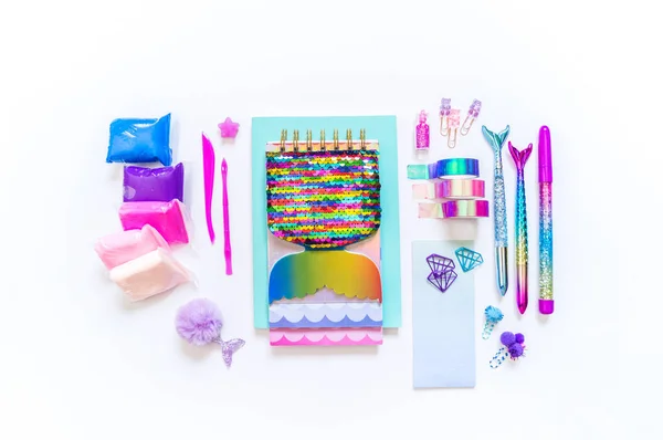 Schoolbenodigdheden Stijlvol Briefpapier Neon Zeemeermin Met Glitters Vlakke Lay Bovenaanzicht — Stockfoto