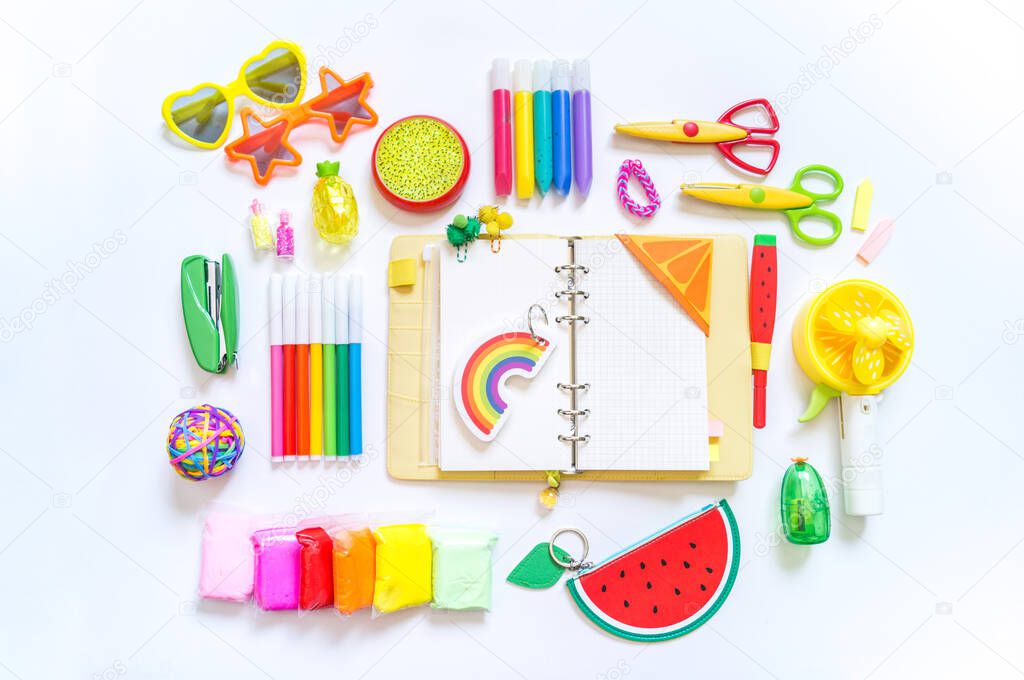 Planner mockup and Stationary. Bright trend colors rainbow. Fruit summer tropics. White background. Flat lay, top view