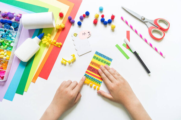 Cardboard llama. Handicraft of a children creative process. Mexican tradition. Cinco de mayo