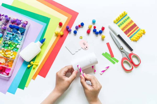 Cardboard llama. Handicraft of a children creative process. Mexican tradition. Cinco de mayo