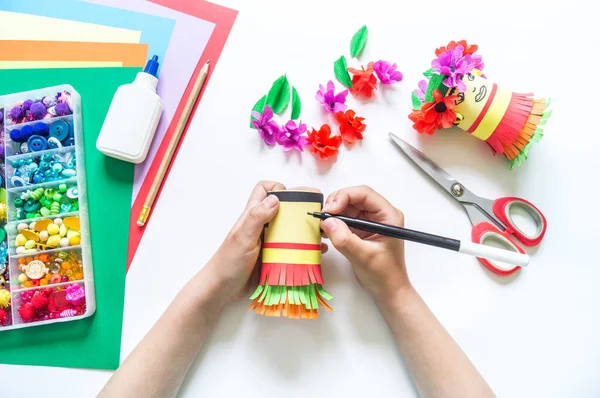 Feriado Mulher Mexicana Papel Ofício Diy Artesanato Processo Criativo Infantil — Fotografia de Stock