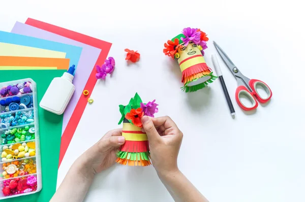 Mexican Woman Holiday Paper Craft Diy Handicraft Child Creative Process — Stock Photo, Image