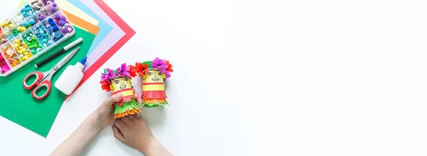 Mexican woman holiday. Paper craft diy. Handicraft of a child creative process. Banner Copy space