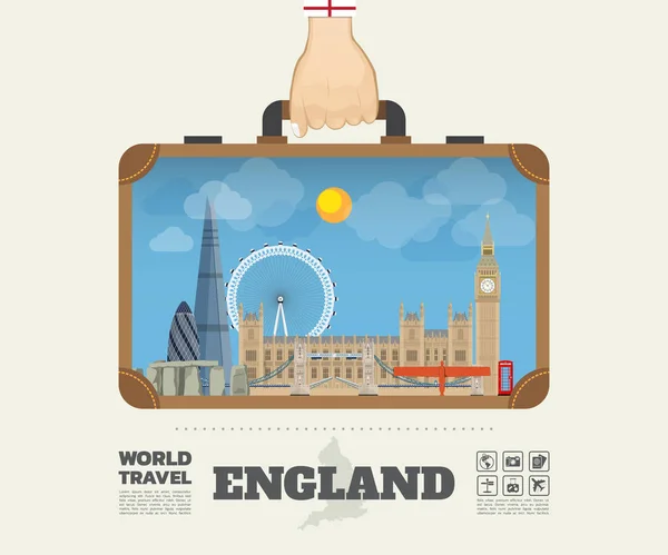 Χέρι που μεταφέρουν Αγγλία ορόσημο παγκόσμιο ταξίδι και ταξίδι Infogra — Διανυσματικό Αρχείο