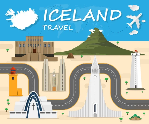İzlanda seyahat arka plan Simgesel Yapı küresel seyahat ve yolculuk INF — Stok Vektör