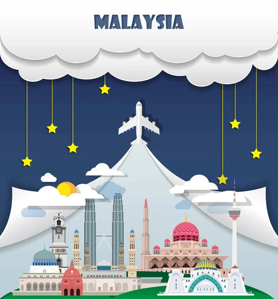 말레이시아 여행 배경 랜드마크 글로벌 여행 및 여행에 — 스톡 벡터