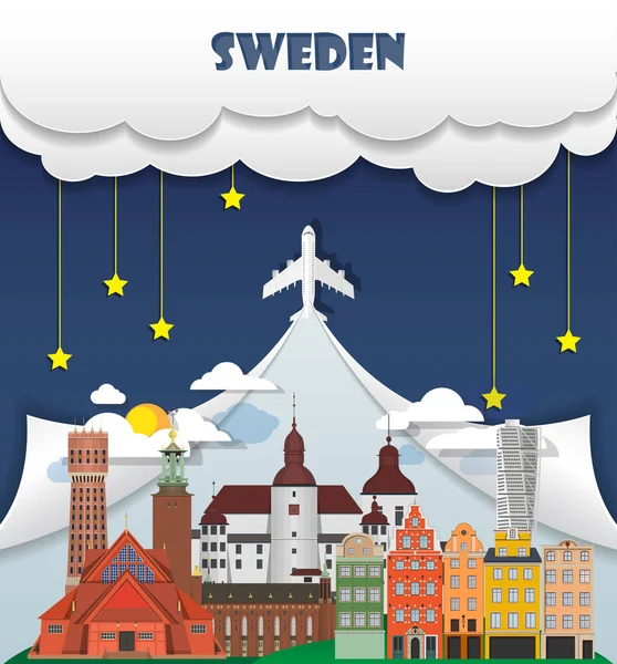 스웨덴 여행 배경 랜드마크 글로벌 여행 및 여행 정보 — 스톡 벡터