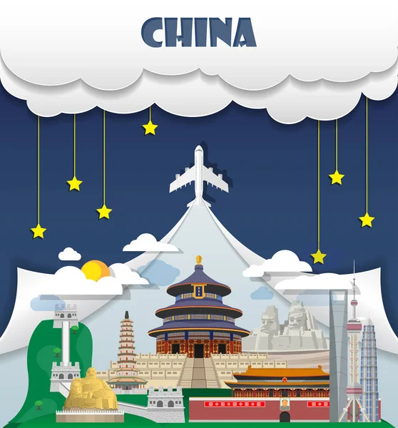 Cina sfondo di viaggio Punto di riferimento globale di viaggio e viaggio Infog — Vettoriale Stock