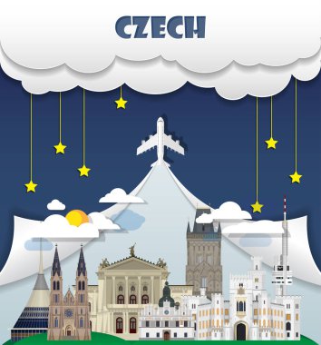 Çek seyahat arka plan Simgesel Yapı küresel seyahat ve yolculuk Infographic vektör tasarım şablonu. illüstrasyon