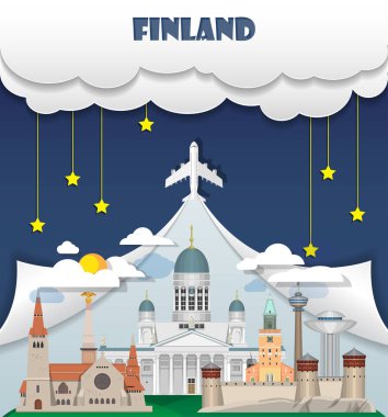 Finlandiya seyahat arka plan Simgesel Yapı küresel seyahat ve yolculuk Infographic vektör tasarım şablonu. illüstrasyon