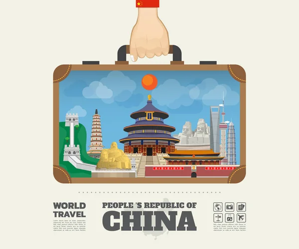Рука, що перевозить Китай Орієнтир Глобальний інфограф подорожей та подорожей — стоковий вектор