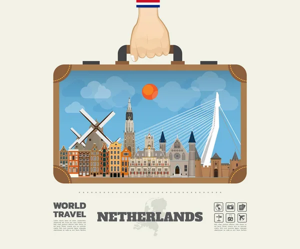 Portando a mano Paesi Bassi Punto di riferimento Global Travel And Journey Info — Vettoriale Stock