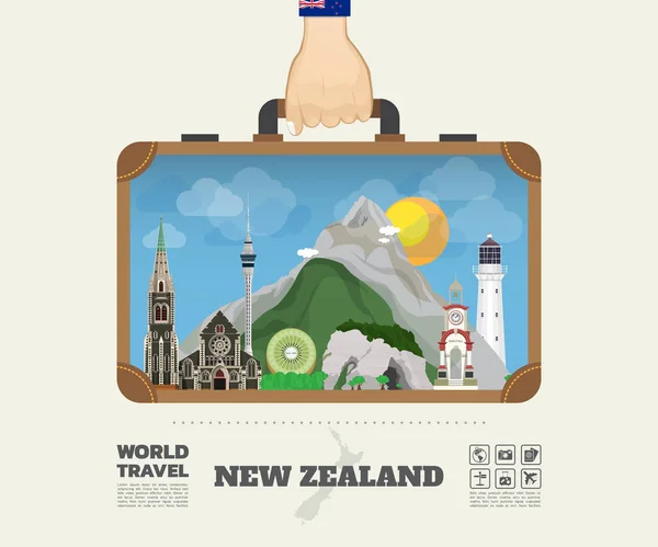 Mão carregando Nova Zelândia Marco Global viagens e jornada Inf — Vetor de Stock