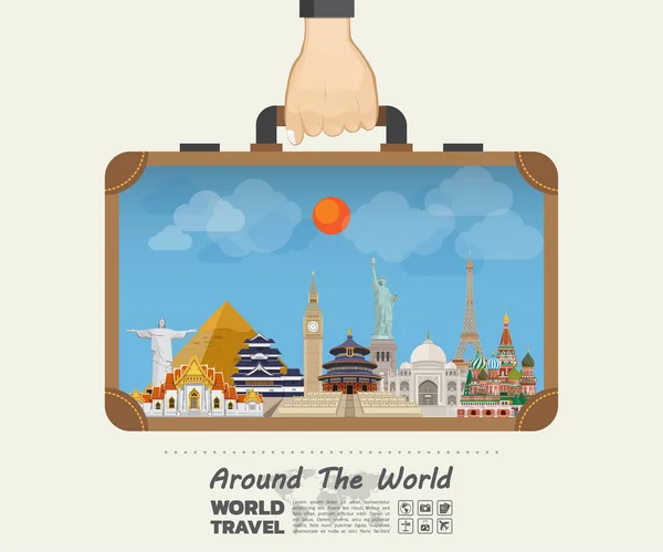 손을 들고 세계 유명한 랜드마크입니다. 글로벌 여행 및 여행 나 — 스톡 벡터