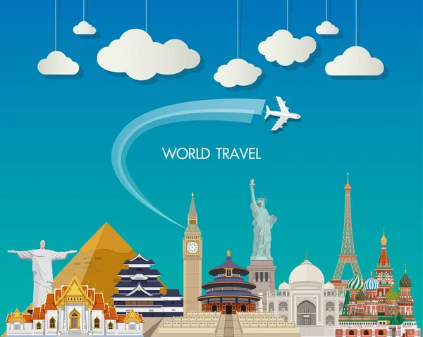 Arte di carta di riferimento di fama mondiale. Viaggio globale e viaggio Infog — Vettoriale Stock