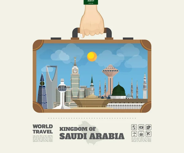 Χέρι που μεταφέρουν Σαουδική Αραβία ορόσημο παγκόσμιο ταξίδι και ταξίδι — Διανυσματικό Αρχείο