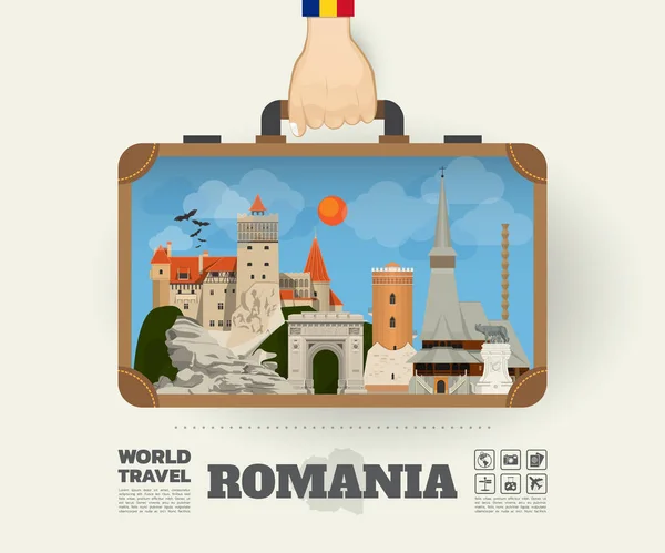 Mano que lleva Rumania Landmark Global Travel And Journey Infogra — Archivo Imágenes Vectoriales