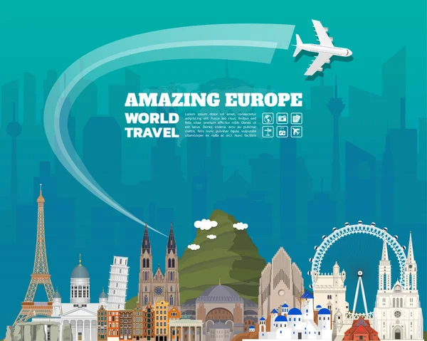 Ευρώπη διάσημο ορόσημο τέχνη χαρτί. Παγκόσμια ταξίδια και πληροφορίες ταξιδιού — Διανυσματικό Αρχείο