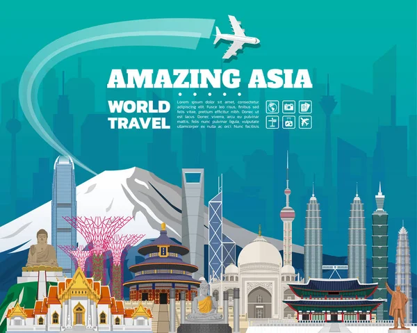 아시아 유명 랜드마크 종이 예술. 글로벌 여행 및 여행 Infogr — 스톡 벡터