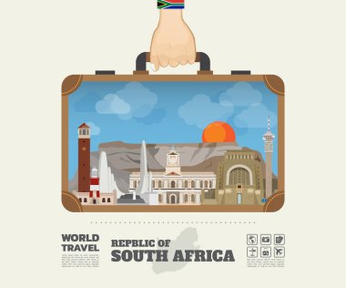 Güney Afrika Simgesel Yapı küresel seyahat ve yolculuk Infographic taşıyan el.