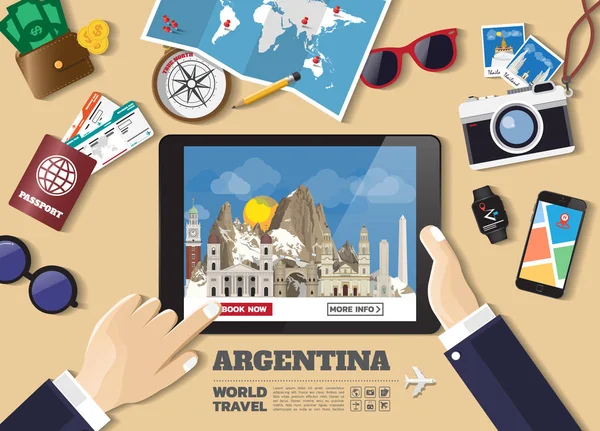 Mão segurando inteligente tablet reserva destino de viagem.Argentina f — Vetor de Stock