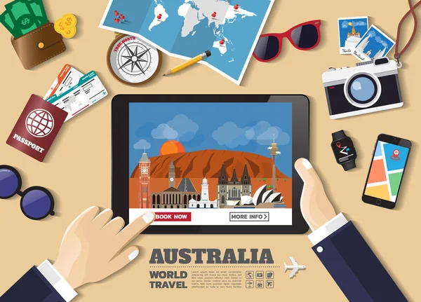 Mão segurando inteligente tablet reserva destino de viagem.Austrália f — Vetor de Stock
