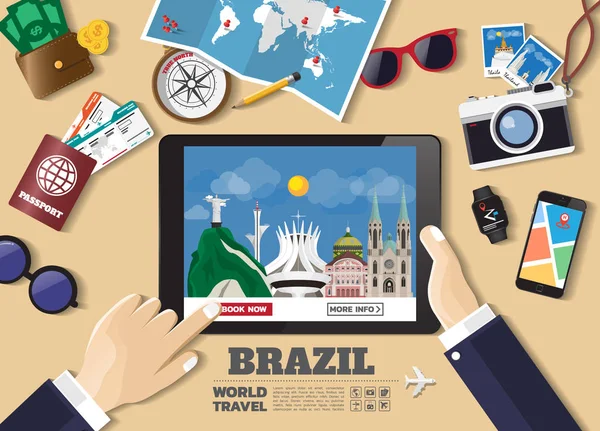 Mão segurando inteligente tablet reserva destino de viagem.Brasil famo — Vetor de Stock