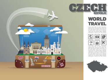 Çek Simgesel Yapı küresel seyahat ve yolculuk Infographic Bagaj.