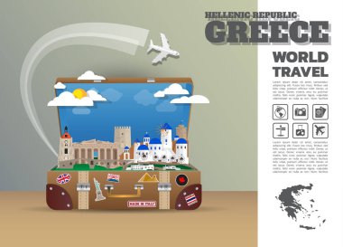 Yunanistan Simgesel Yapı küresel seyahat ve yolculuk Infographic luggage.3d
