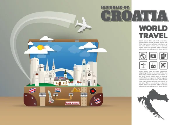 Κροατία ορόσημο παγκόσμιο ταξίδι και ταξίδι Infographic αποσκευών. — Διανυσματικό Αρχείο