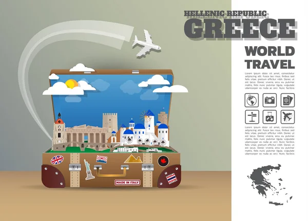 Grecia Landmark Global Travel And Journey Equipaje infográfico.3D — Vector de stock