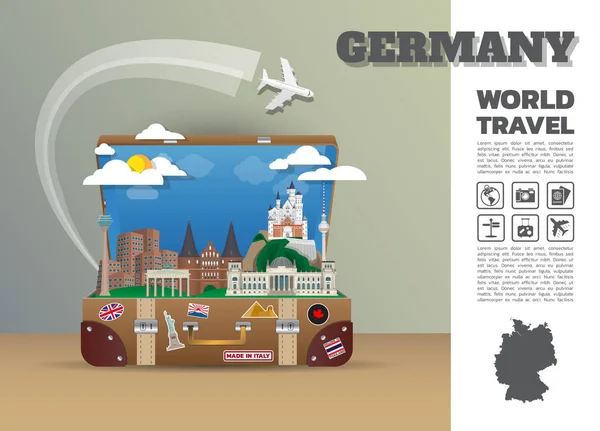 Punto di riferimento tedesco Viaggio globale e viaggio Bagaglio infografico.3D — Vettoriale Stock