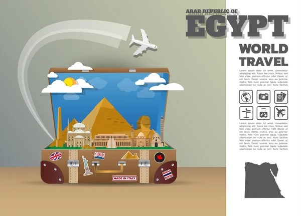 Egitto Punto di riferimento globale di viaggio e viaggio Bagaglio infografico.3D — Vettoriale Stock