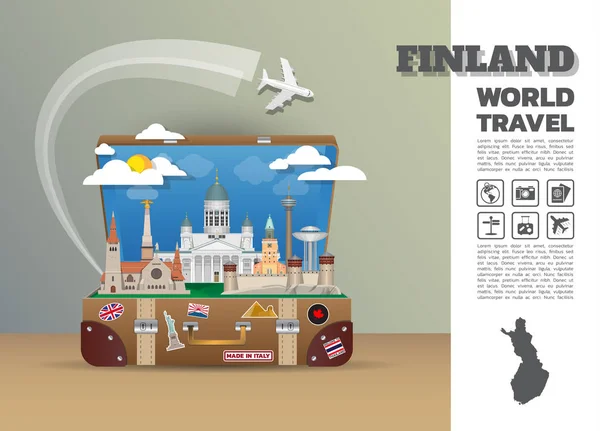 Finlandia Luoghi di interesse Viaggi e viaggi globali Bagagli infografici.3 — Vettoriale Stock