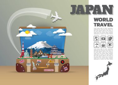Japonya Simgesel Yapı küresel seyahat ve yolculuk Infographic luggage.3d 